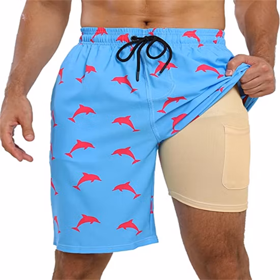 Schnell trocknende Strandshorts für Herren, Badehose mit Reißverschlusstaschen, Badeshorts mit Netzfutter und Fischdruck